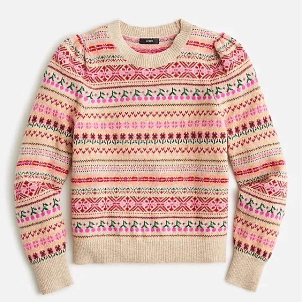 Puff sleeve fair isle JCrew crew neck in heather stone pine